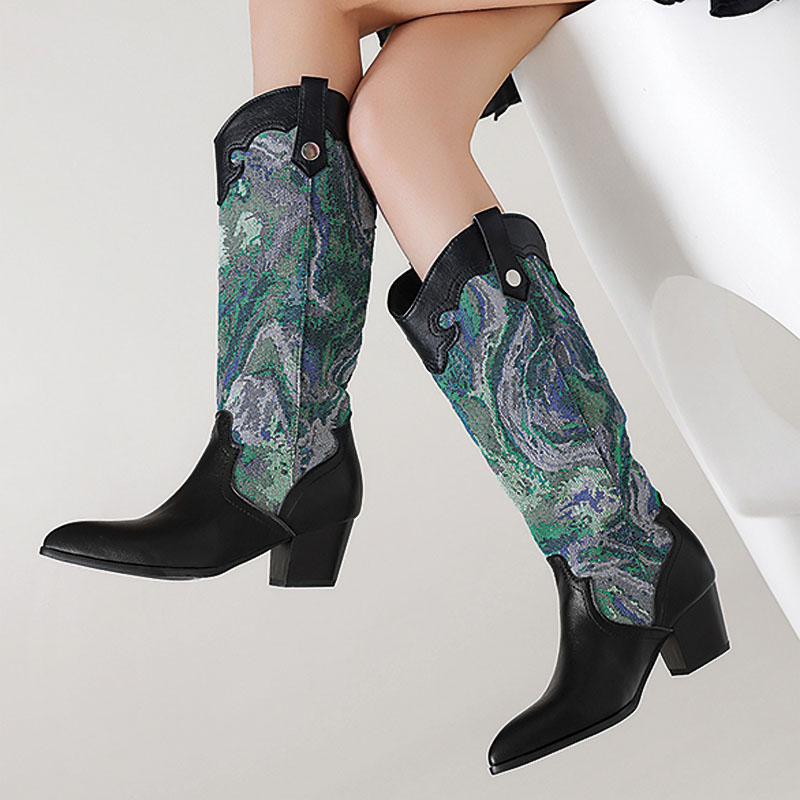 Shoeswoon Retro Embroidery‑Style Print Splice Pointed Toe Block Heel Western Boots