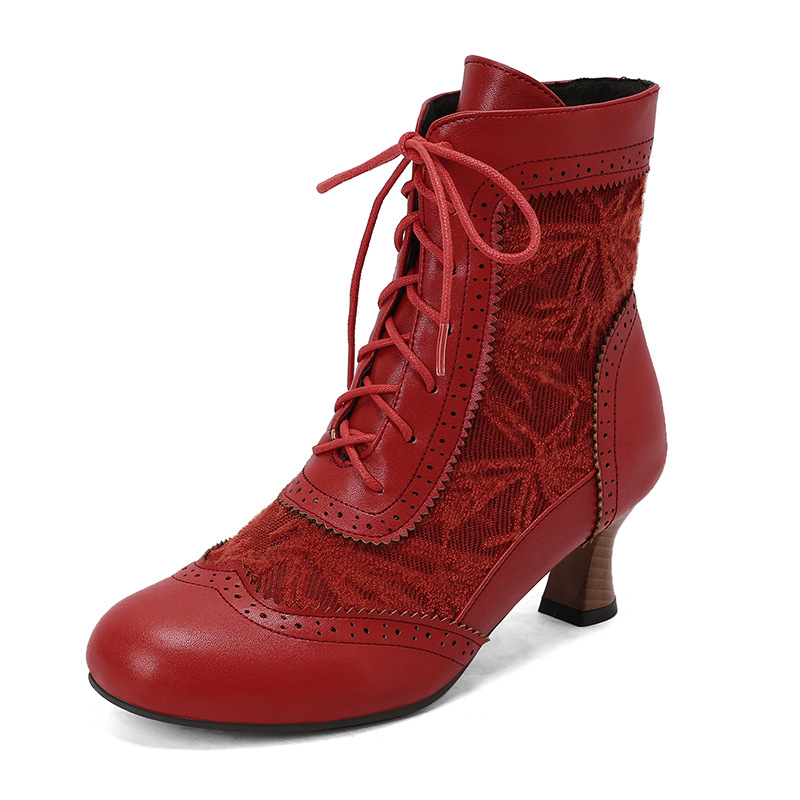 Shoeswoon Victorian Lace‑Panel Ankle Booties Brogue Trim Front Lace‑Up Kitten Heel