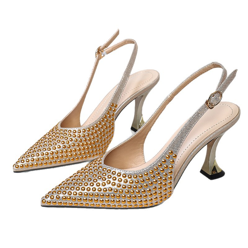 Shoeswoon Rhinestone‑Covered Slingback Pumps Pointed Toe Adjustable Buckle Sculpted Heel