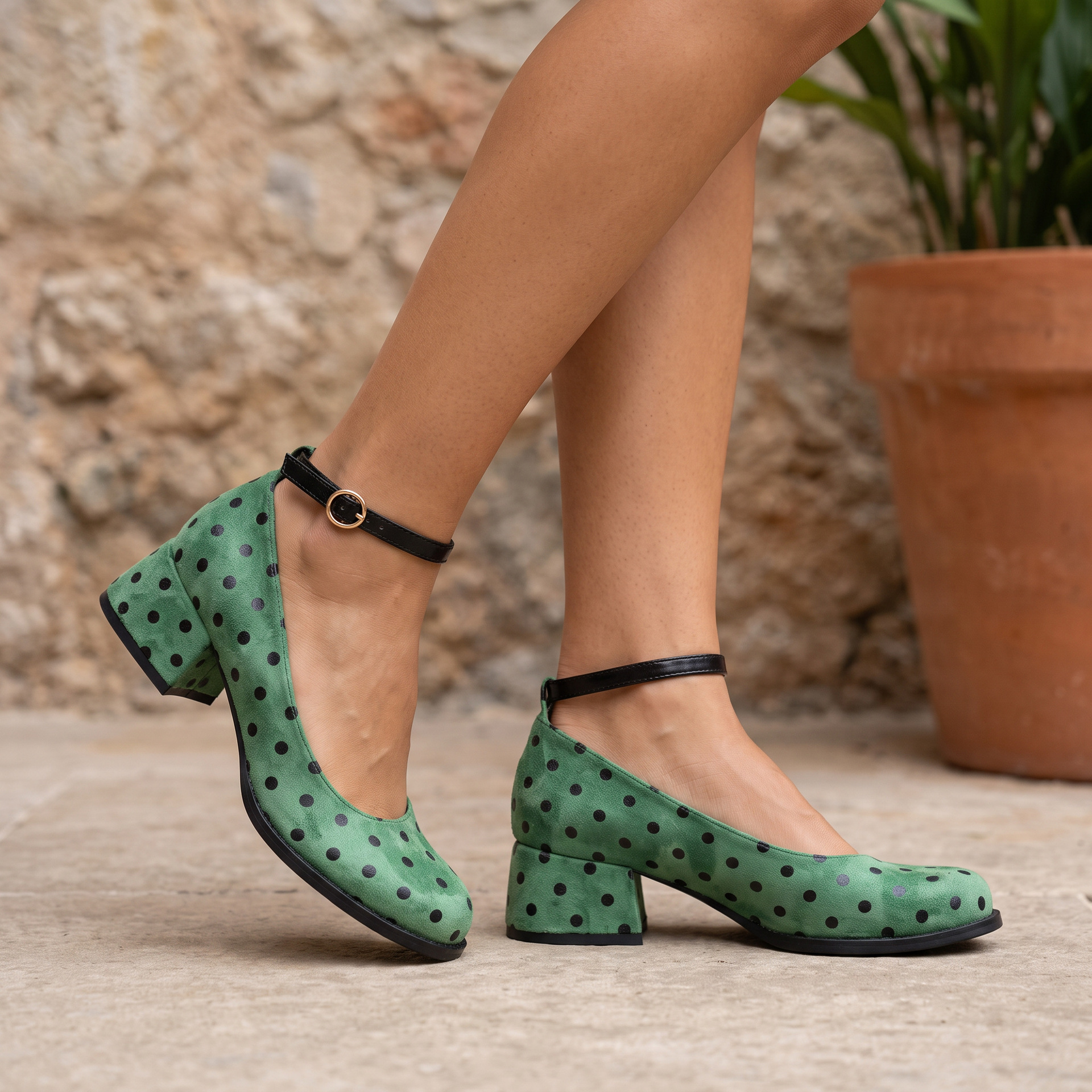 Shoeswoon Round Toe Ankle Strap Polka‑Dot Mid Heel Mary Janes