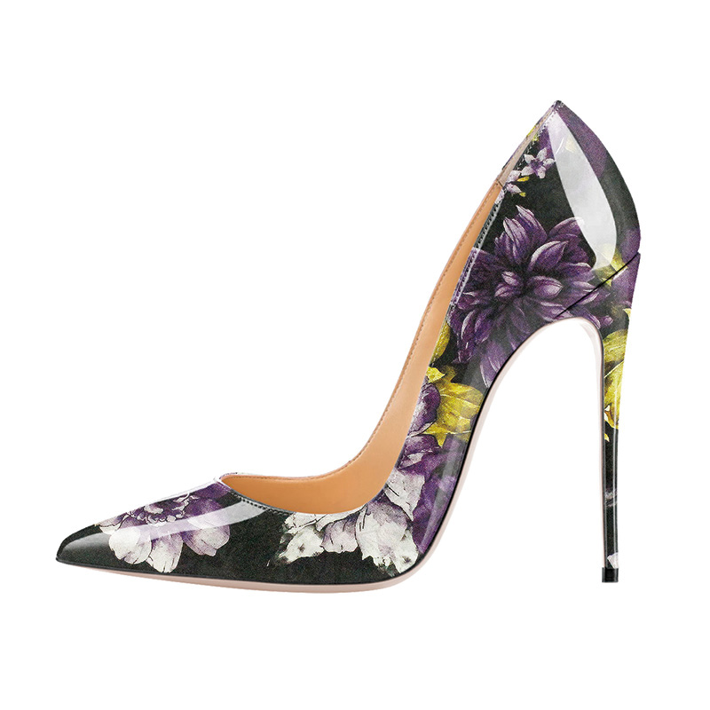Shoeswoon Colorful Floral Print Patent Pointed Toe Slim Stiletto High Heel Pumps