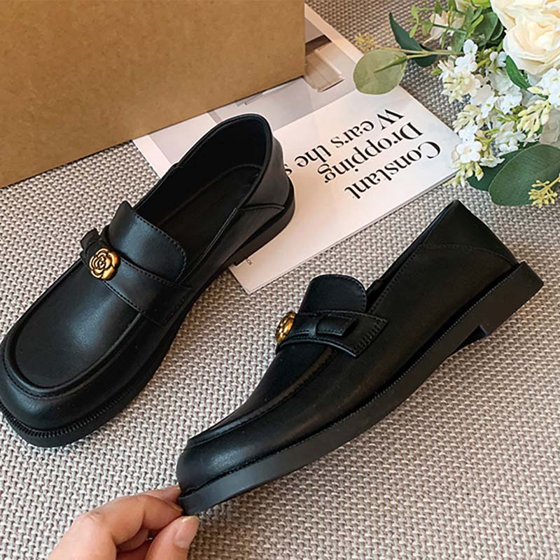 Shoeswoon Black Square Toe Gold Rose Metal Decor Slip‑on Loafers