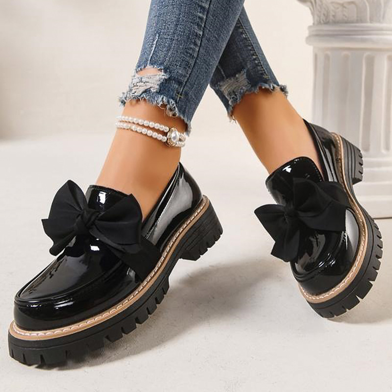 Shoeswoon Satin Bow Decor Patent Slip‑On Chunky Lug Platform Women's Loafer Shoes