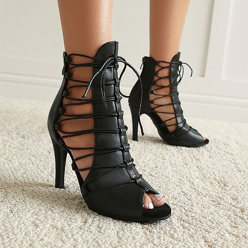 Shoeswoon Peep Toe Cutout Lace Up Ankle High Stiletto Heel Sandal Boots