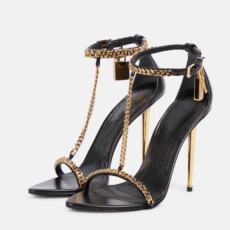 Shoeswoon Pointed Toe Gold Chain Lock Ankle Strap Metallic Stiletto Heel Sandals