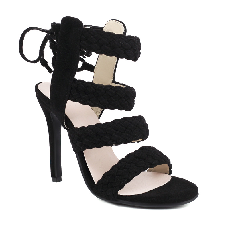 Shoeswoon Braided Strappy Open Toe Cutout Ankle Tie Caged Stiletto Heel Sandals
