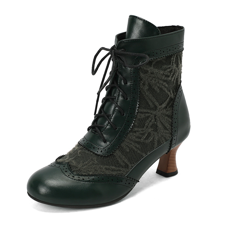 Shoeswoon Victorian Lace‑Panel Ankle Booties Brogue Trim Front Lace‑Up Kitten Heel
