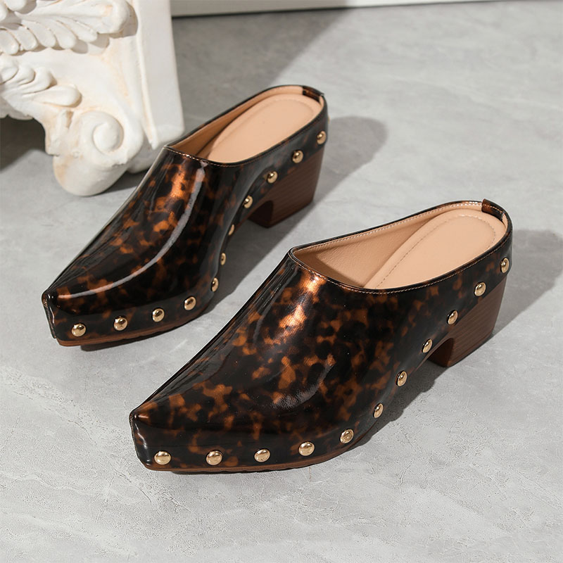 Shoeswoon Tortoiseshell Patent Quilted Gold Stud Slip On Chunky Heel Clog Mules