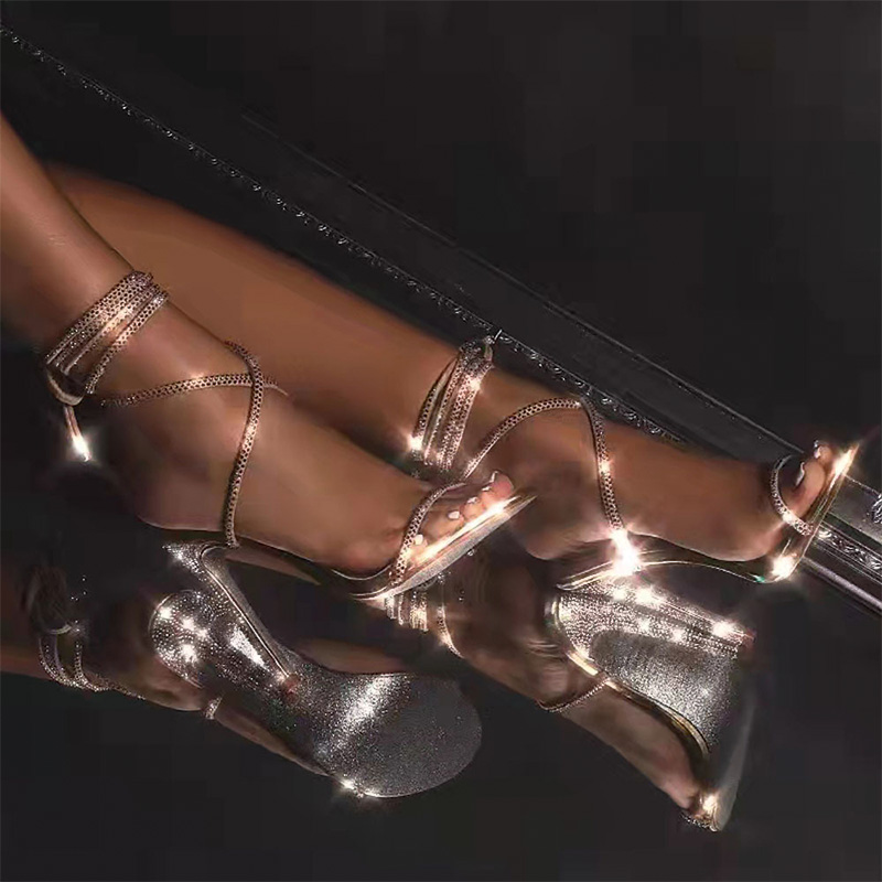 Shoeswoon Holographic Rhinestone Wrapped Leg Tie Stiletto Heel Sandals
