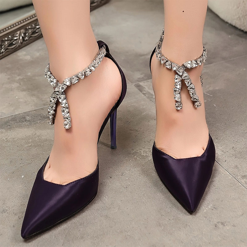 Shoeswoon Dark Purple Satin Rhinestone Tassel Ankle Chain Slingback Heels