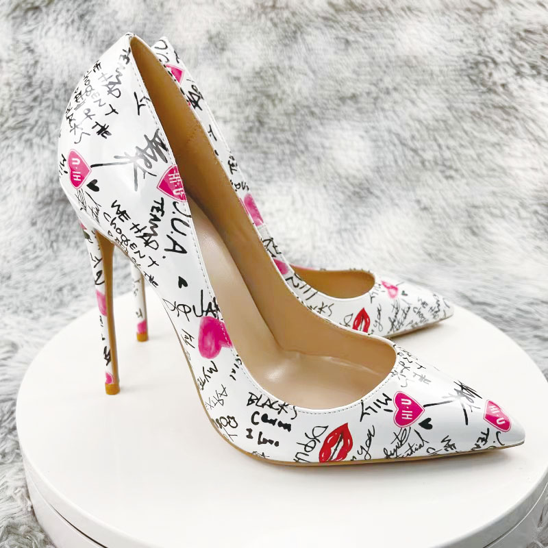 Shoeswoon Playful Graffiti Kiss‑Lip Pattern Pointed Toe Stiletto Pumps
