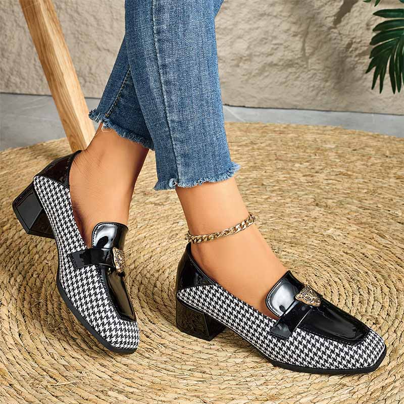 Shoeswoon Retro Black Patent & Houndstooth Fabric Square Toe Chunky Heel Ladies Fashion Loafers