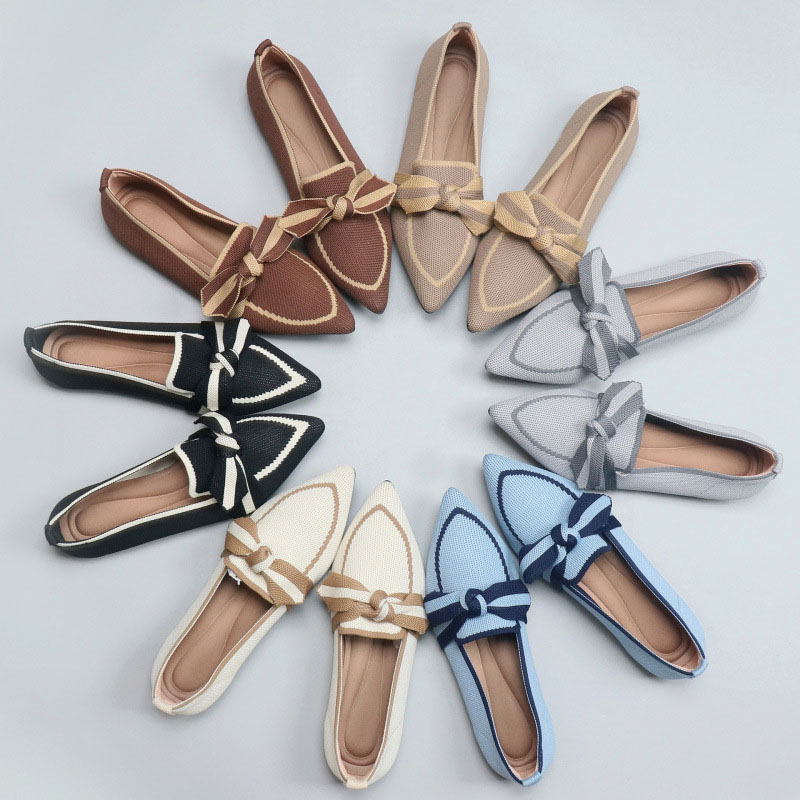 Shoeswoon Two Tone Contrast Bow Pointed Toe Slip On Comfort Flat Loafers