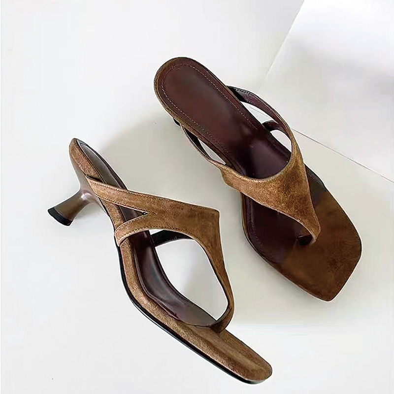 Shoeswoon Square Toe T-Strap Thong Kitten Heel Slide Mules