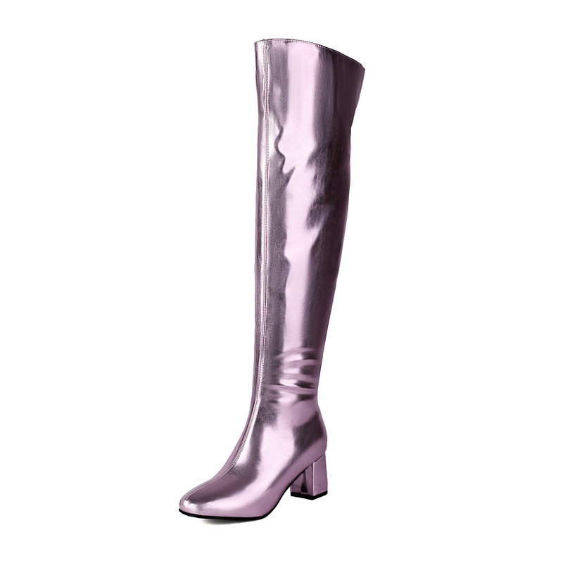 Shoeswoon Fashion Metallic Finish Square Toe Knee High Party Boots