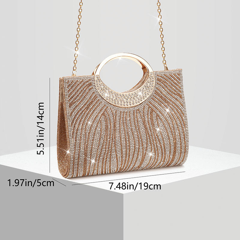 Shoeswoon Dazzling Full Rhinestone Wave Pattern Ring Handle Evening Clutch