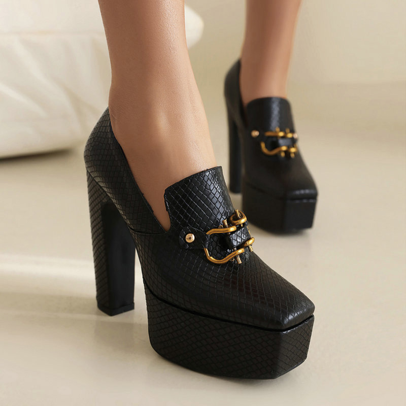 Shoeswoon Snake Embossed Gold Horsebit Square Toe Platform Chunky Heel Pumps