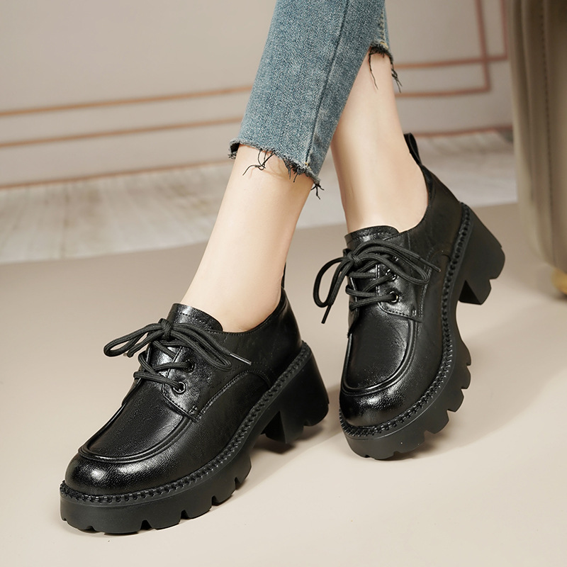 Shoeswoon Round Toe Stitched Trim Lace‑Up Thick Serrated Sole High Block Heel Retro Oxfords