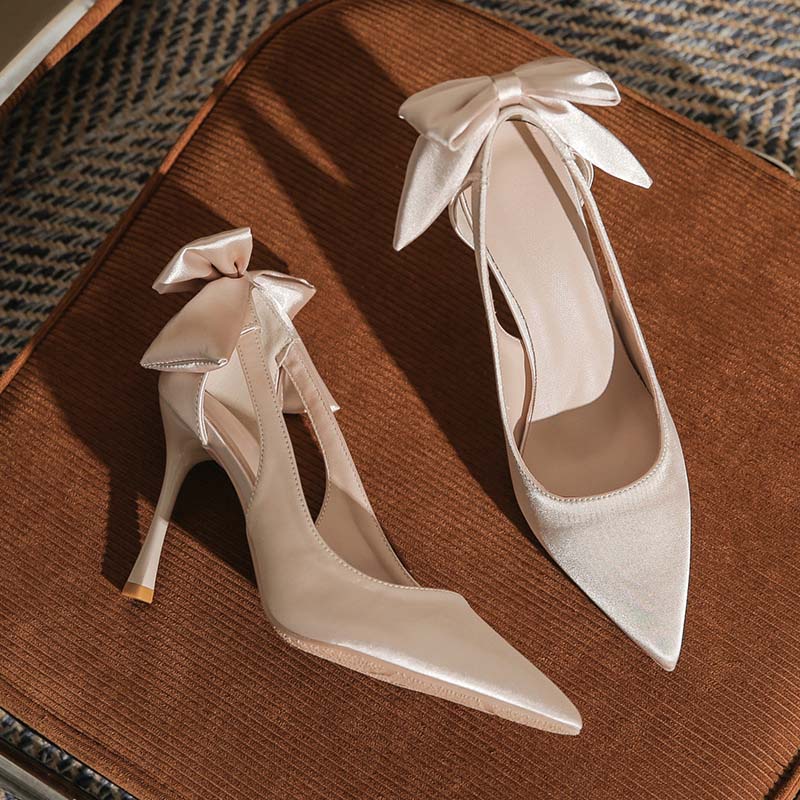 Shoeswoon Satin Bow Back Pointed Toe Slingback Stiletto Heels