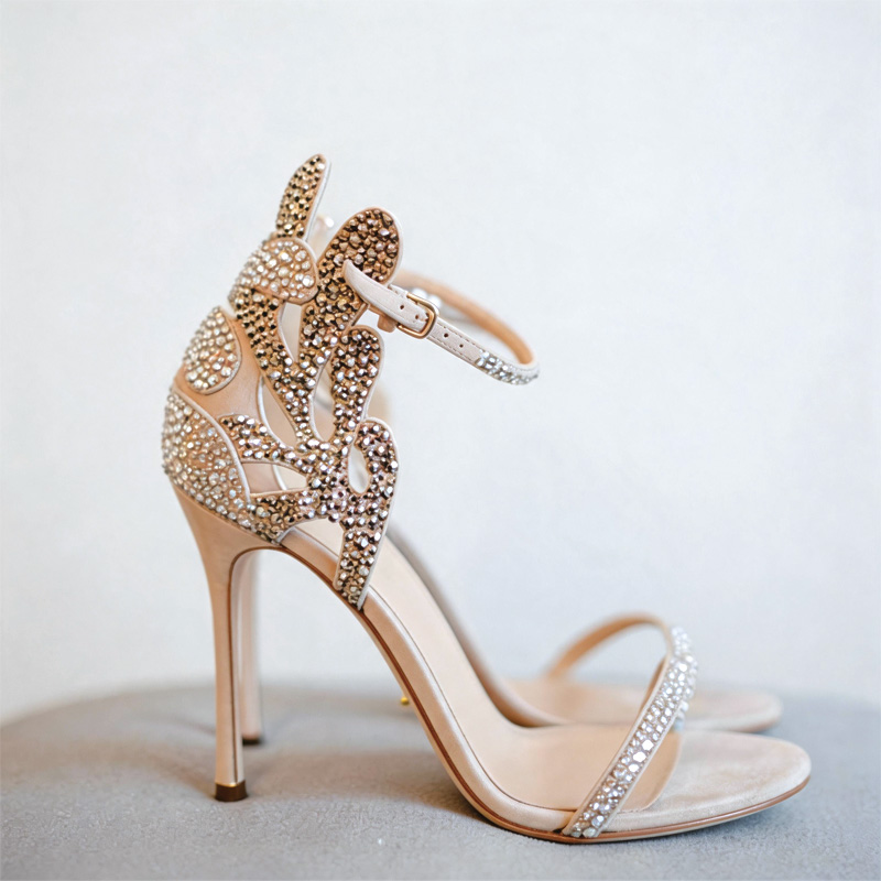 Shoeswoon Sparkling Rhinestone Cutout Ankle Strap Stiletto Wedding Sandals