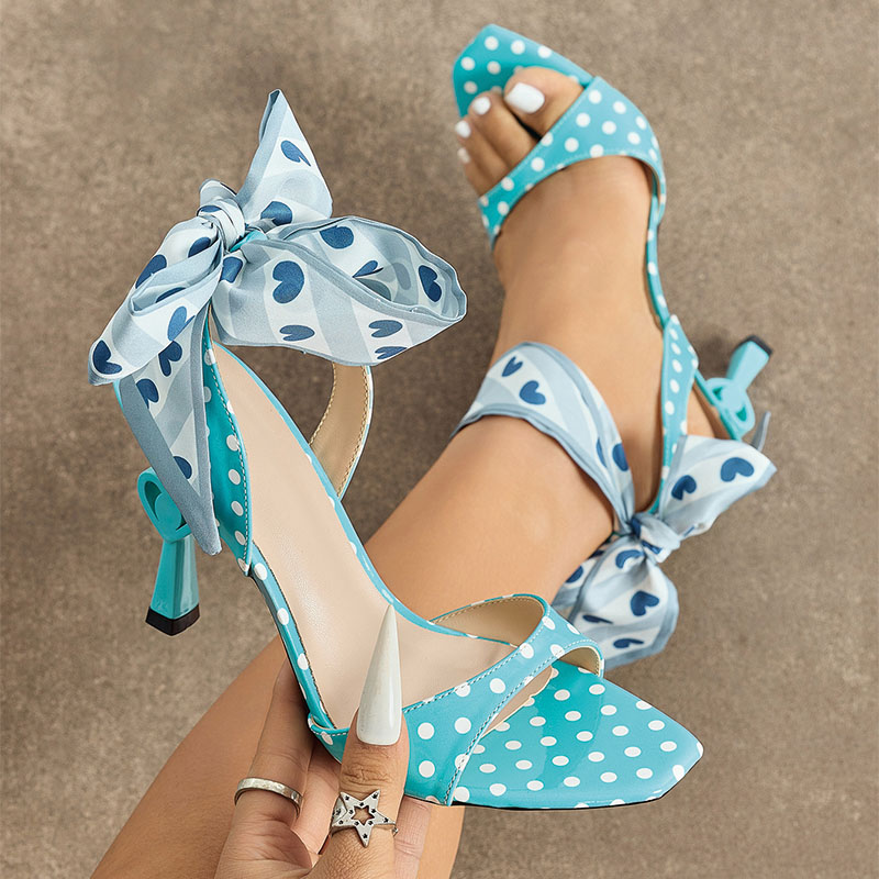 Shoeswoon Polka Dot Square Toe Stiletto Heel Floral Satin Ankle Wrap Sandals