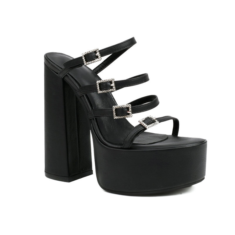Shoeswoon Multi Buckle Straps Open Toe Platform Chunky Heel Mule Sandals