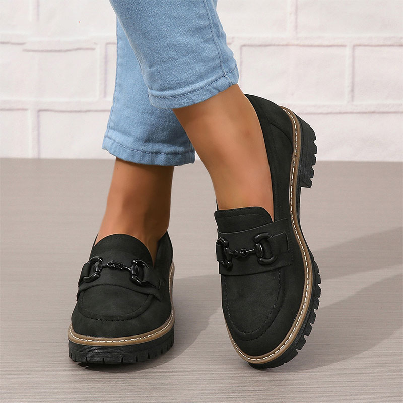 Shoeswoon Dusty Green Faux Suede Chain Buckle Chunky Platform Loafers