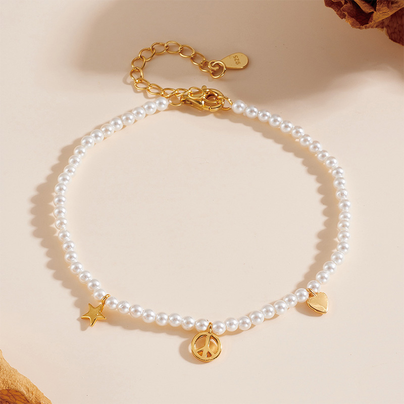 Shoeswoon Pearl Beaded Peace Star Heart Charm Adjustable Anklet