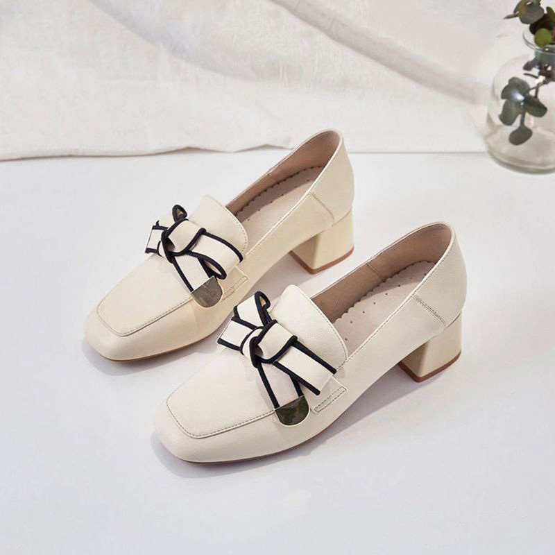Shoeswoon Square Toe Contrast Bow Decor Slip‑On Mid Block Heel Women's Loafer Shoes