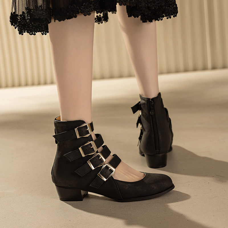 Shoeswoon Multi‑Buckle Cutout Ankle Booties Back Zipper Low Block Heel