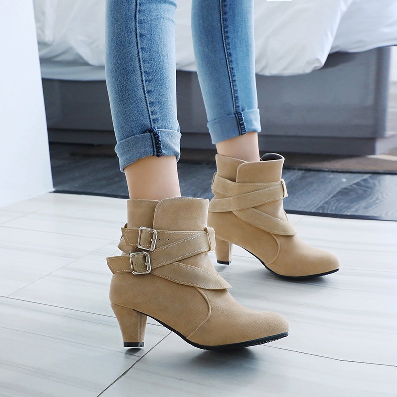 Shoeswoon Suede‑Texture Ankle Boots Multi‑Buckle Wrapped Straps Round Toe Low Block Heel