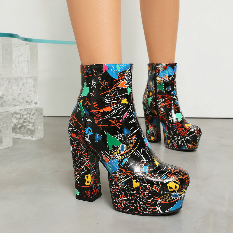 Shoeswoon Artistic Print Platform Booties Round Toe Side Zipper Bold Block Heel