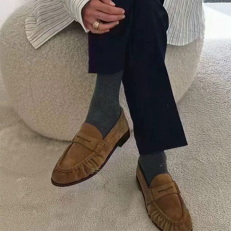 Shoeswoon Ruched Genuine Leather Penny Slip-On Flat Loafers
