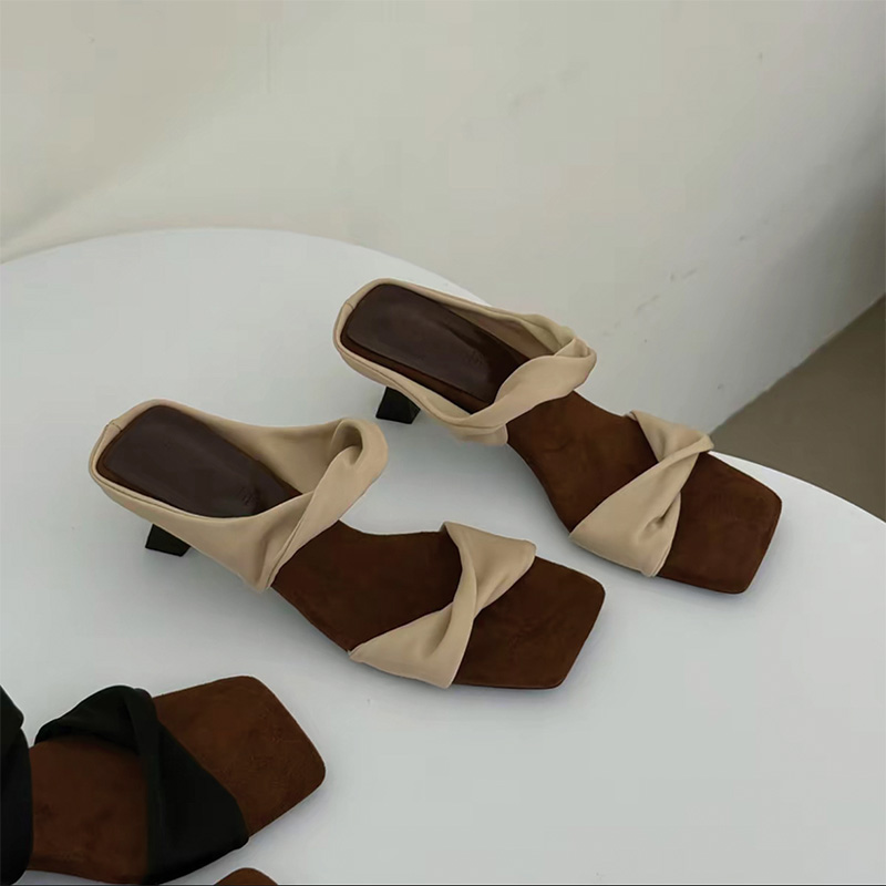 Shoeswoon Twisted Ruched Strap Square Toe Thin Stiletto Slide Mules