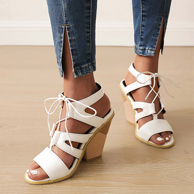 Shoeswoon Strappy Lace Up Cutout Open Toe Caged Chunky Heel Sandals