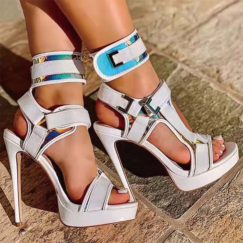 Shoeswoon Cutout Metal Buckle Ankle Cuff Platform Stiletto Sandals