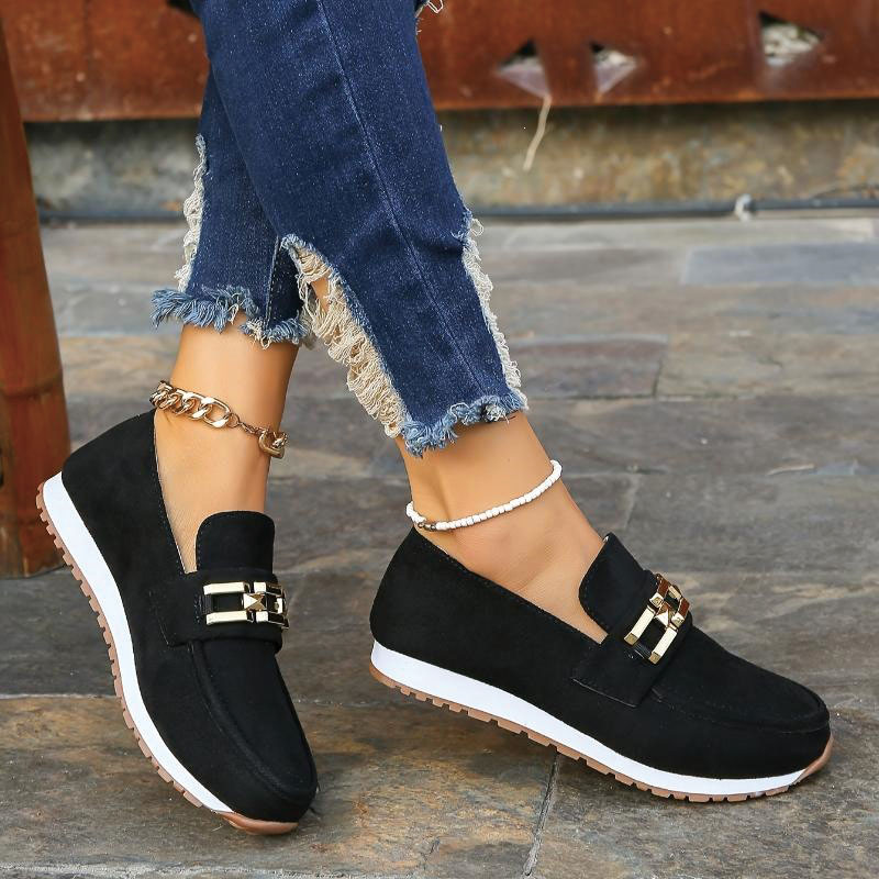 Shoeswoon Casual Round Toe Chain Ornament Contrast Sole Slip‑On Wedge Loafers