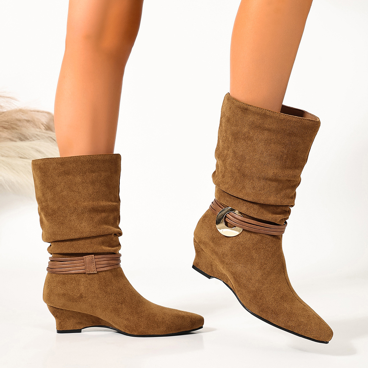 Shoeswoon Pointed‑Toe Slouch Mid‑Calf Boots Wrap Strap Metal Ring Wedge