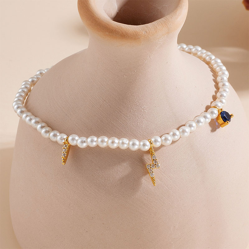 Shoeswoon Pearl Beaded Lightning Charm Blue Crystal Adjustable Anklet