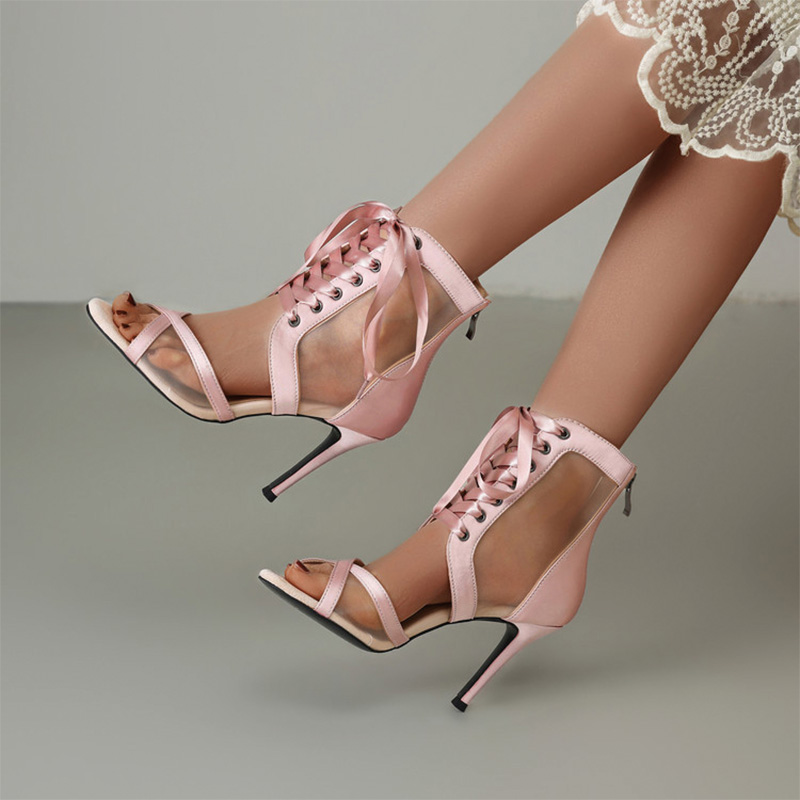 Shoeswoon Mesh Lace‑Up Open Toe Back Zip Stiletto Ankle Boot Sandals