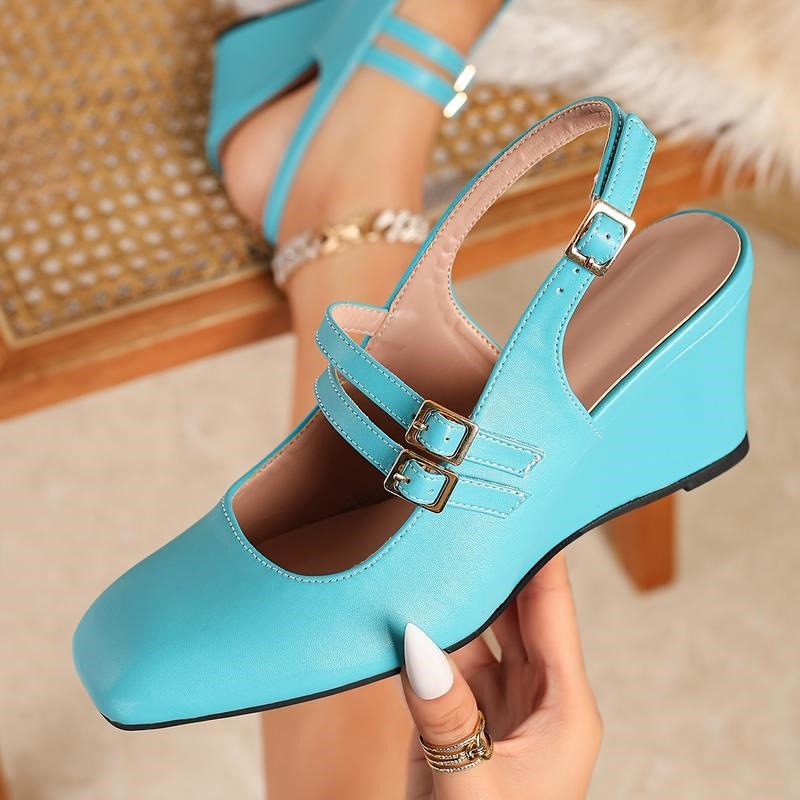 Shoeswoon Square‑Toe Double Strap Sling‑Back Wedge Heel Women's Mary Jane Pumps
