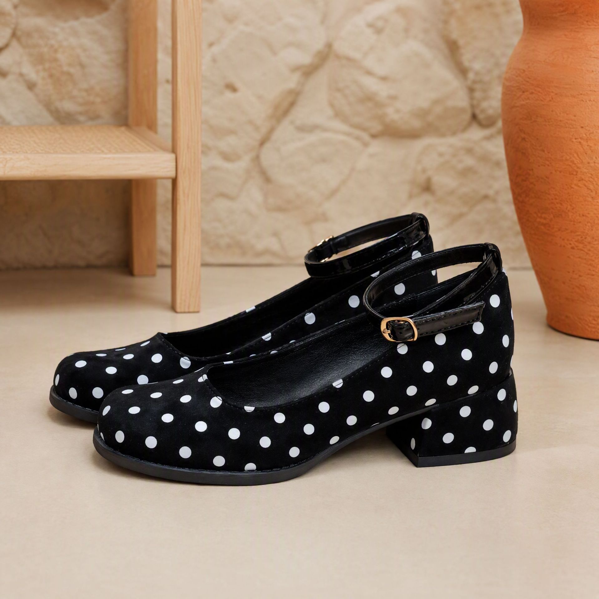 Shoeswoon Round Toe Ankle Strap Polka‑Dot Mid Heel Mary Janes