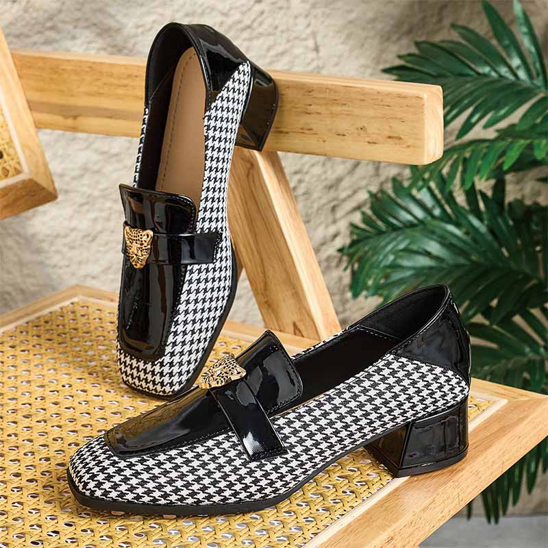 Shoeswoon Retro Black Patent & Houndstooth Fabric Square Toe Chunky Heel Ladies Fashion Loafers