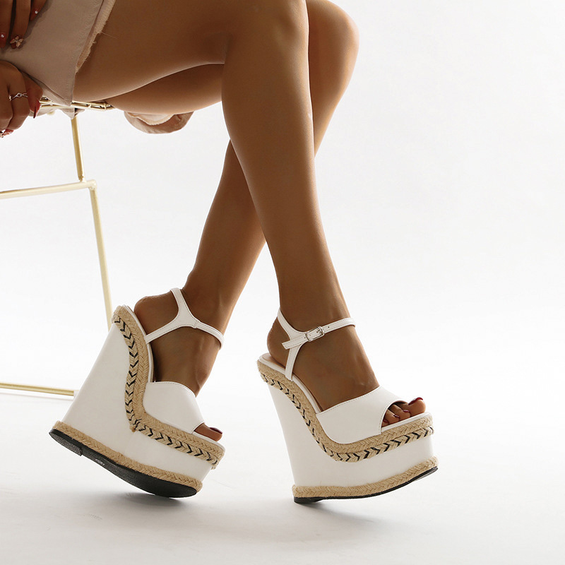 Shoeswoon White Ankle Strap Rope Trim Peep‑Toe Wedge Platform Sandals