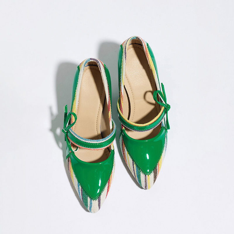 Shoeswoon Green Patent Colorful Striped Fabric Bow Mary Jane Block Heel Pumps