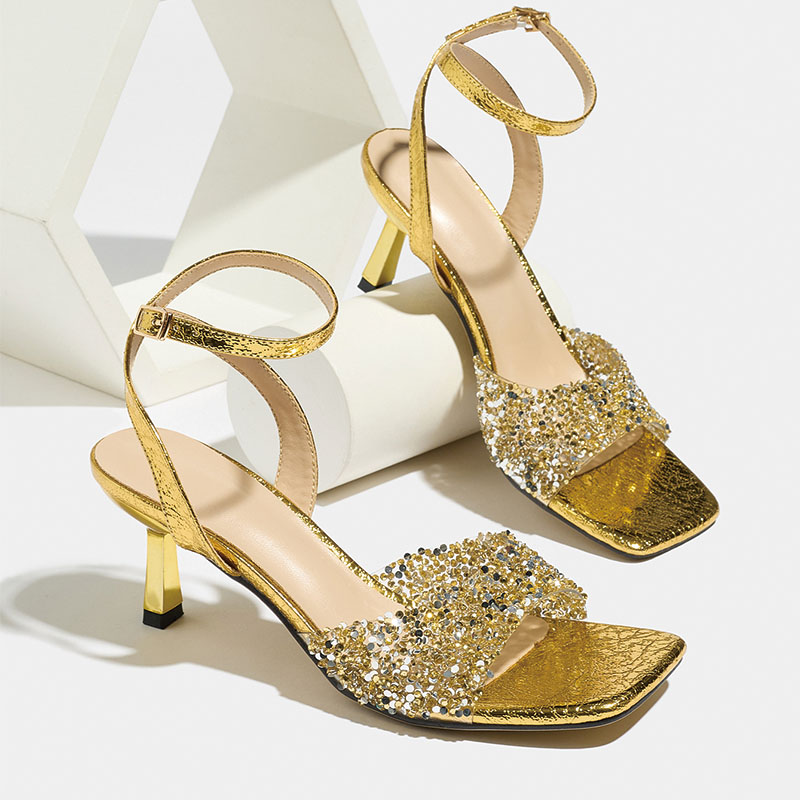 Shoeswoon Rhinestone Glitter Ankle Strap Square Toe Kitten Heel Sandals