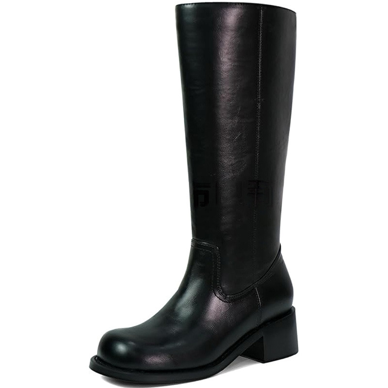 Shoeswoon Mustard Distressed Faux Leather Stacked Block Heel Knee‑High Boots