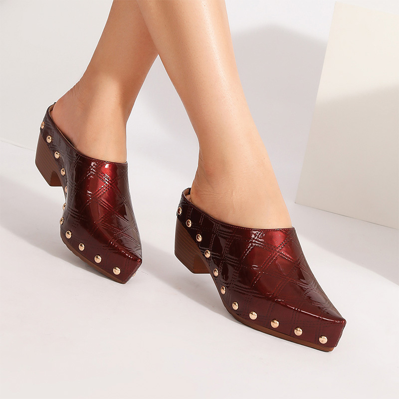 Shoeswoon Black Patent Quilted Gold Stud Slip On Chunky Heel Clog Mules