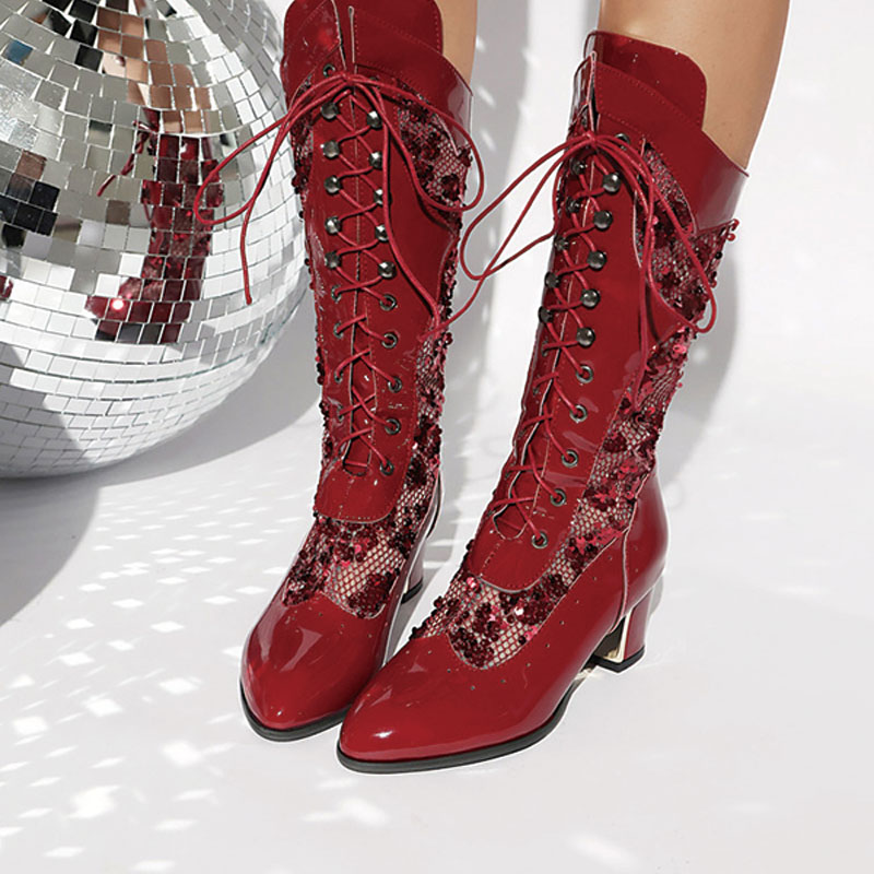 Shoeswoon Gothic Mesh Patchwork Lace‑Up Pointed‑Toe Chunky Heel Party Mid Calf Booties