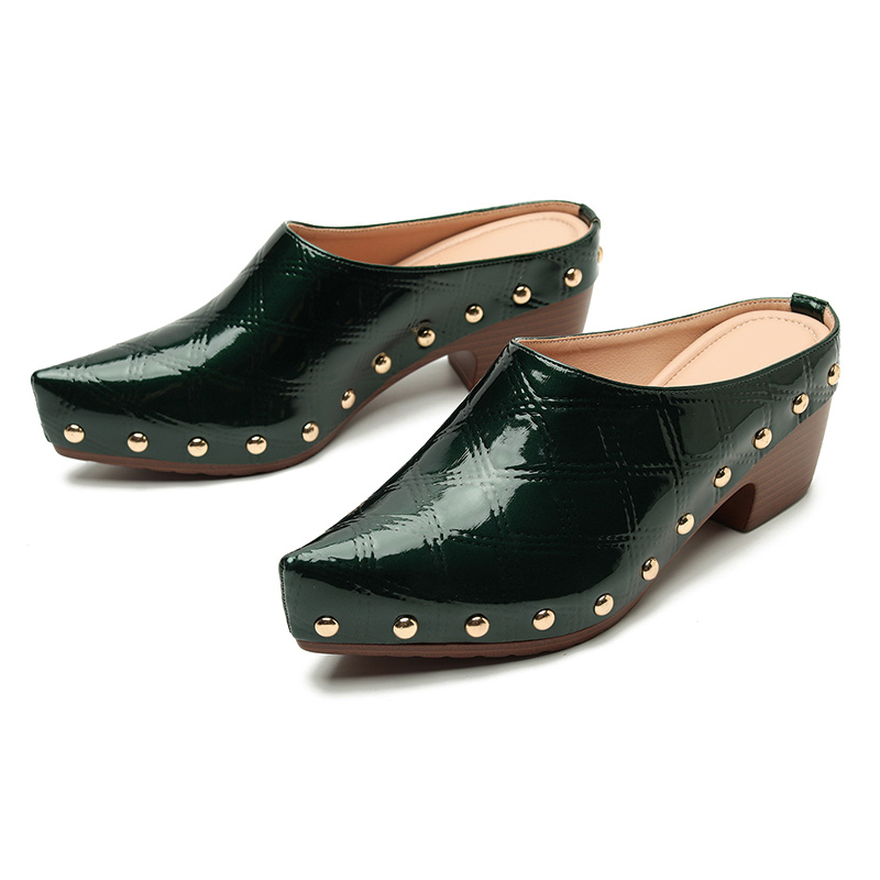 Shoeswoon Black Patent Quilted Gold Stud Slip On Chunky Heel Clog Mules